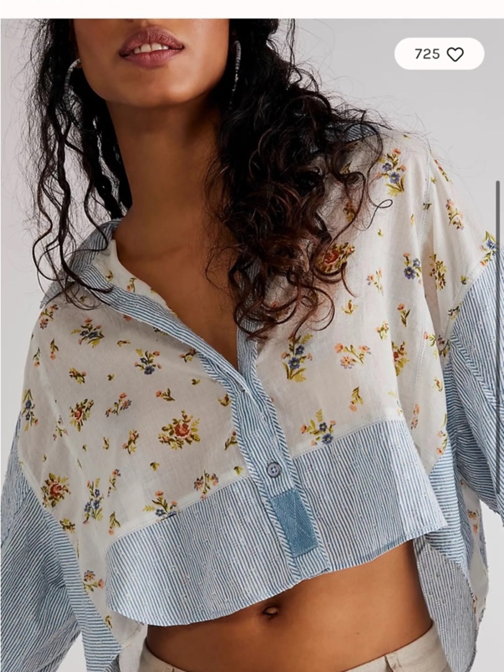 Floral Patchwork Cropped Button-Up Top in Cream and Blue